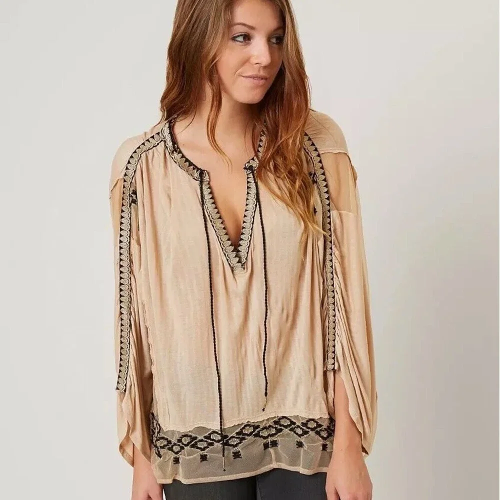 Free People Tunic Blouse Womens S Ivory Boho Embroidered V-Neck